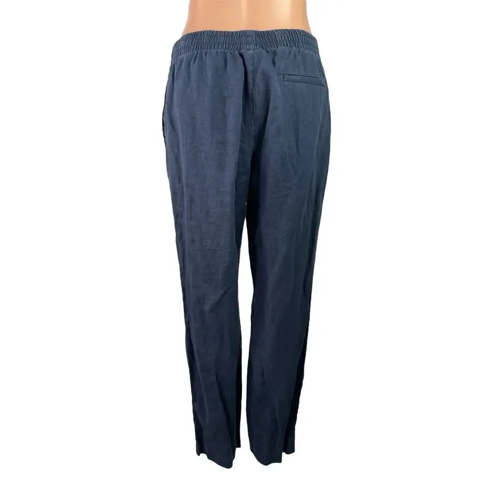 H&M Women's Blue 100% Linen Elastic Waist High Rise Tapered Trousers Pants Sz S